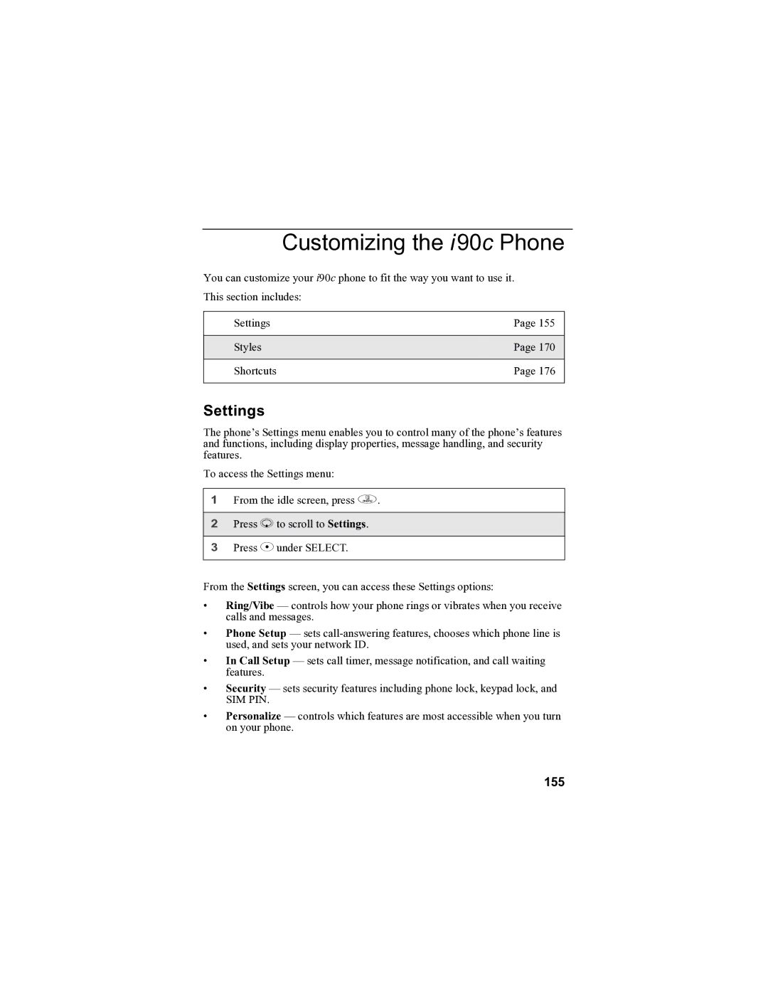 Sprint Nextel manual Customizing the i90c Phone, Settings, 155 