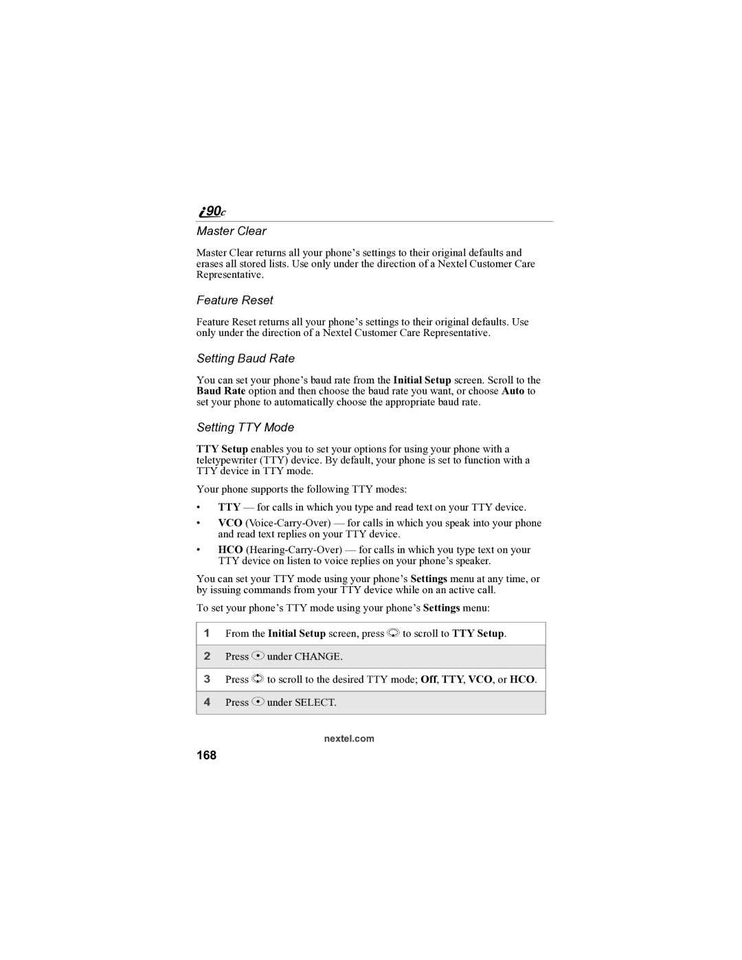 Sprint Nextel i90c manual Master Clear, Feature Reset, Setting Baud Rate, Setting TTY Mode, 168 