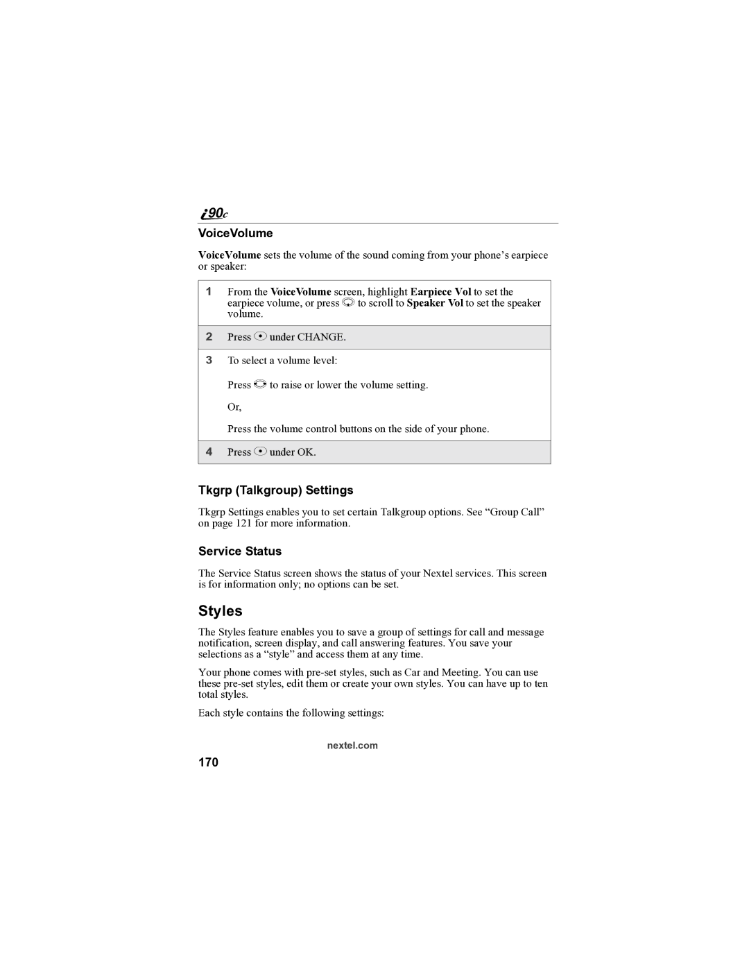 Sprint Nextel i90c manual Styles, VoiceVolume, Tkgrp Talkgroup Settings, Service Status, 170 
