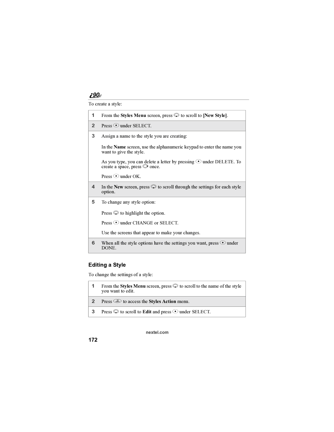 Sprint Nextel i90c manual Editing a Style, 172 