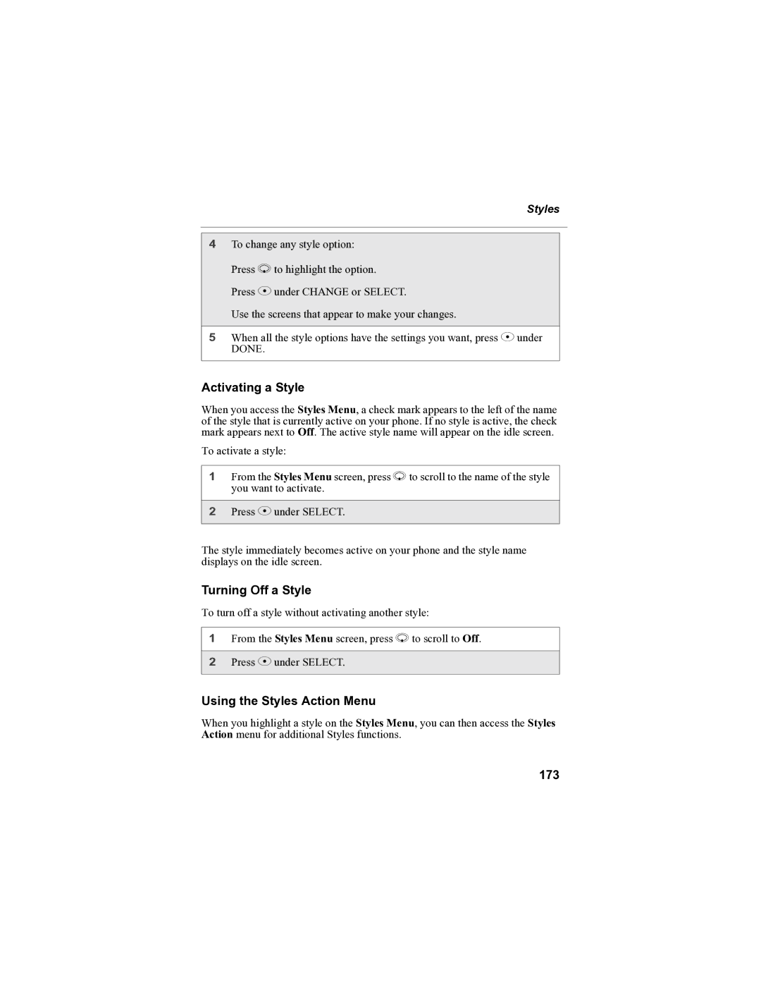 Sprint Nextel i90c manual Activating a Style, Turning Off a Style, Using the Styles Action Menu, 173 