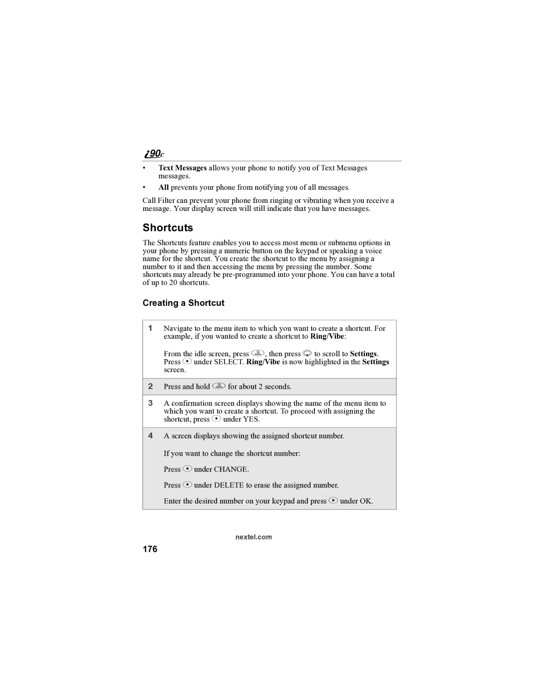 Sprint Nextel i90c manual Shortcuts, Creating a Shortcut, 176 