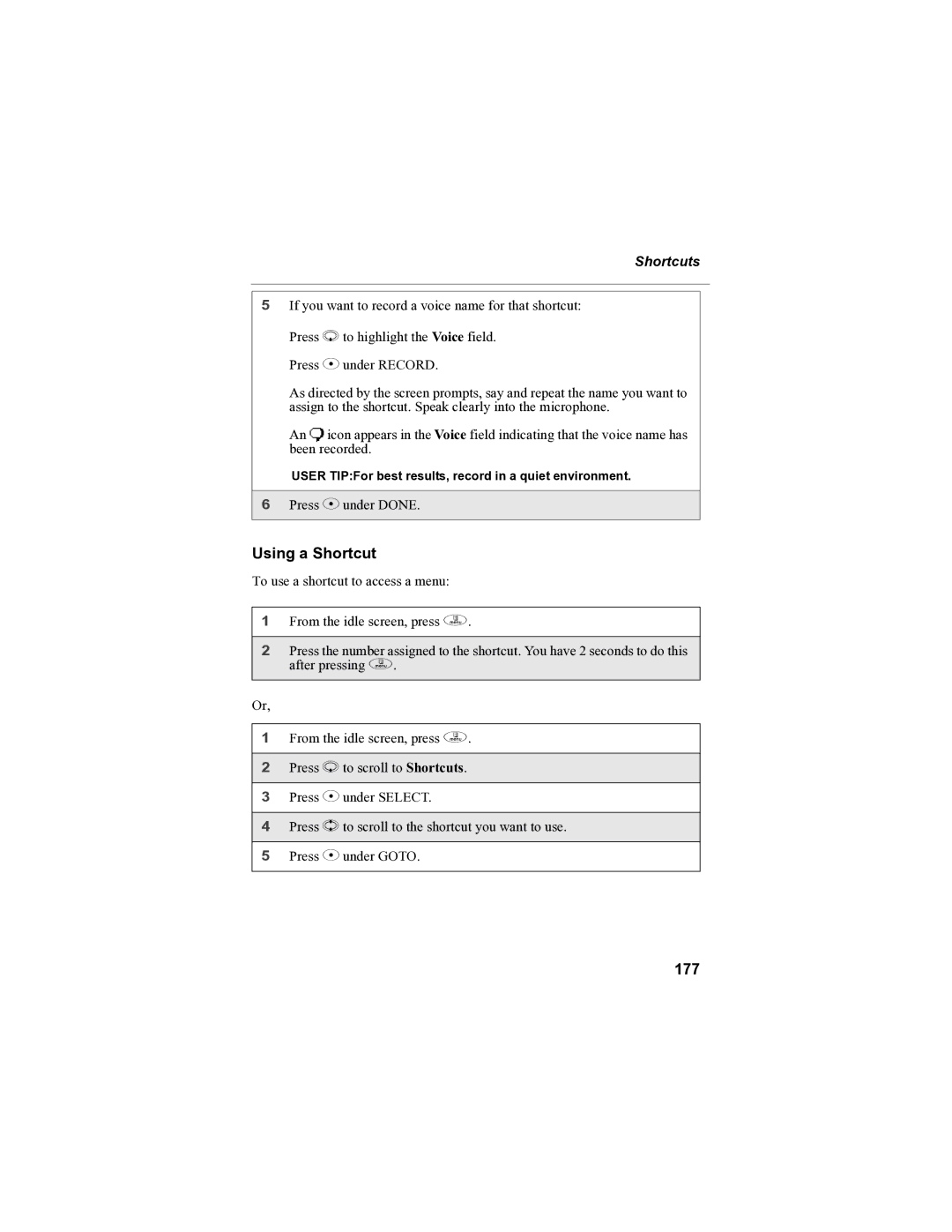 Sprint Nextel i90c manual Using a Shortcut, 177, Shortcuts 