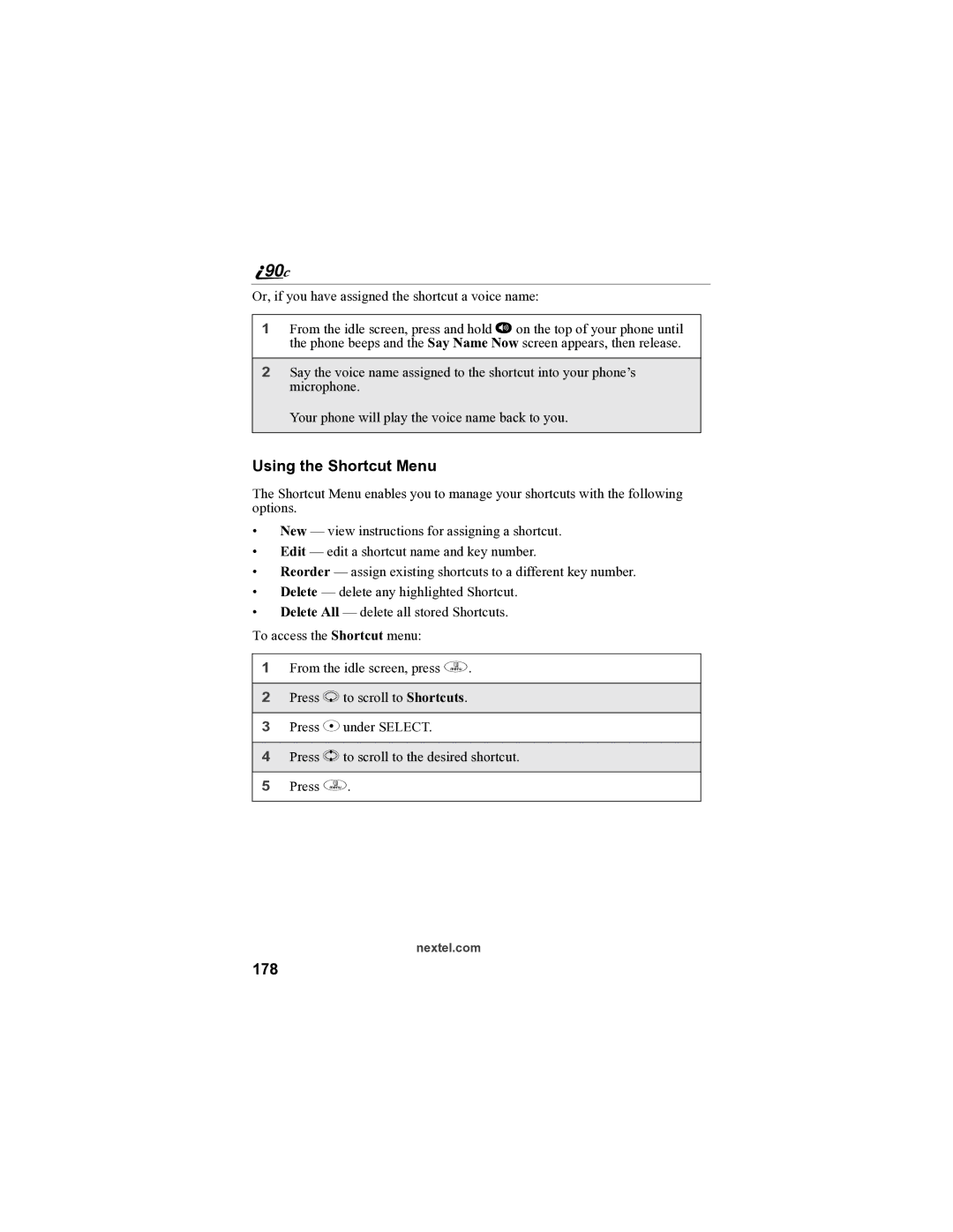 Sprint Nextel i90c manual Using the Shortcut Menu, 178 