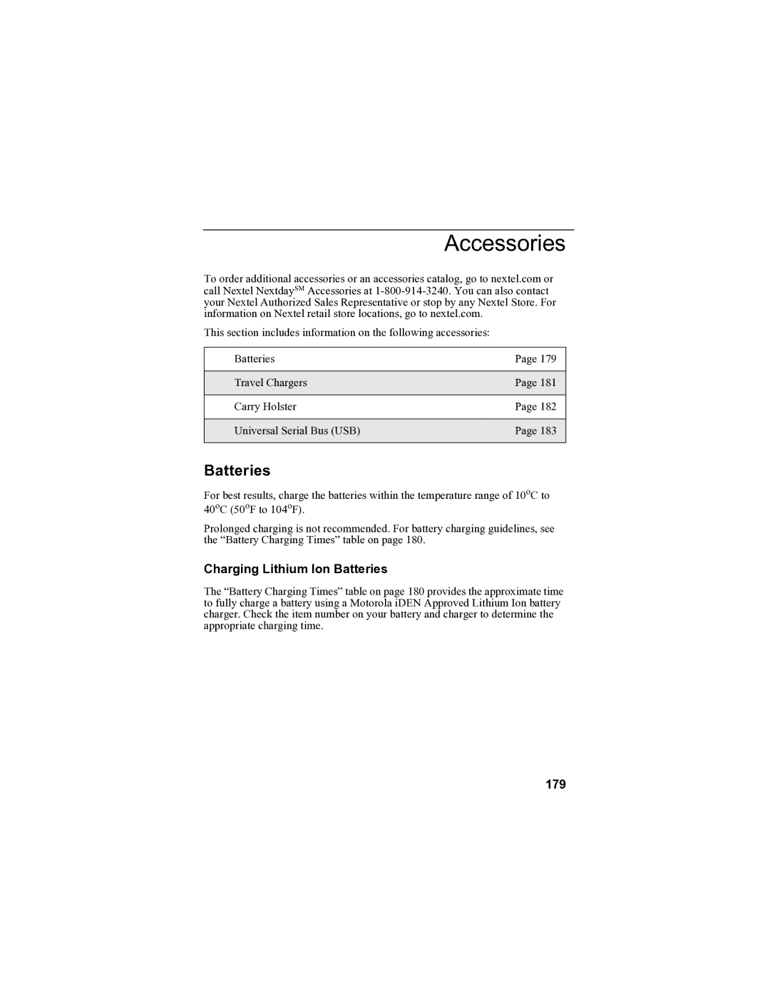 Sprint Nextel i90c manual Accessories, Charging Lithium Ion Batteries, 179 