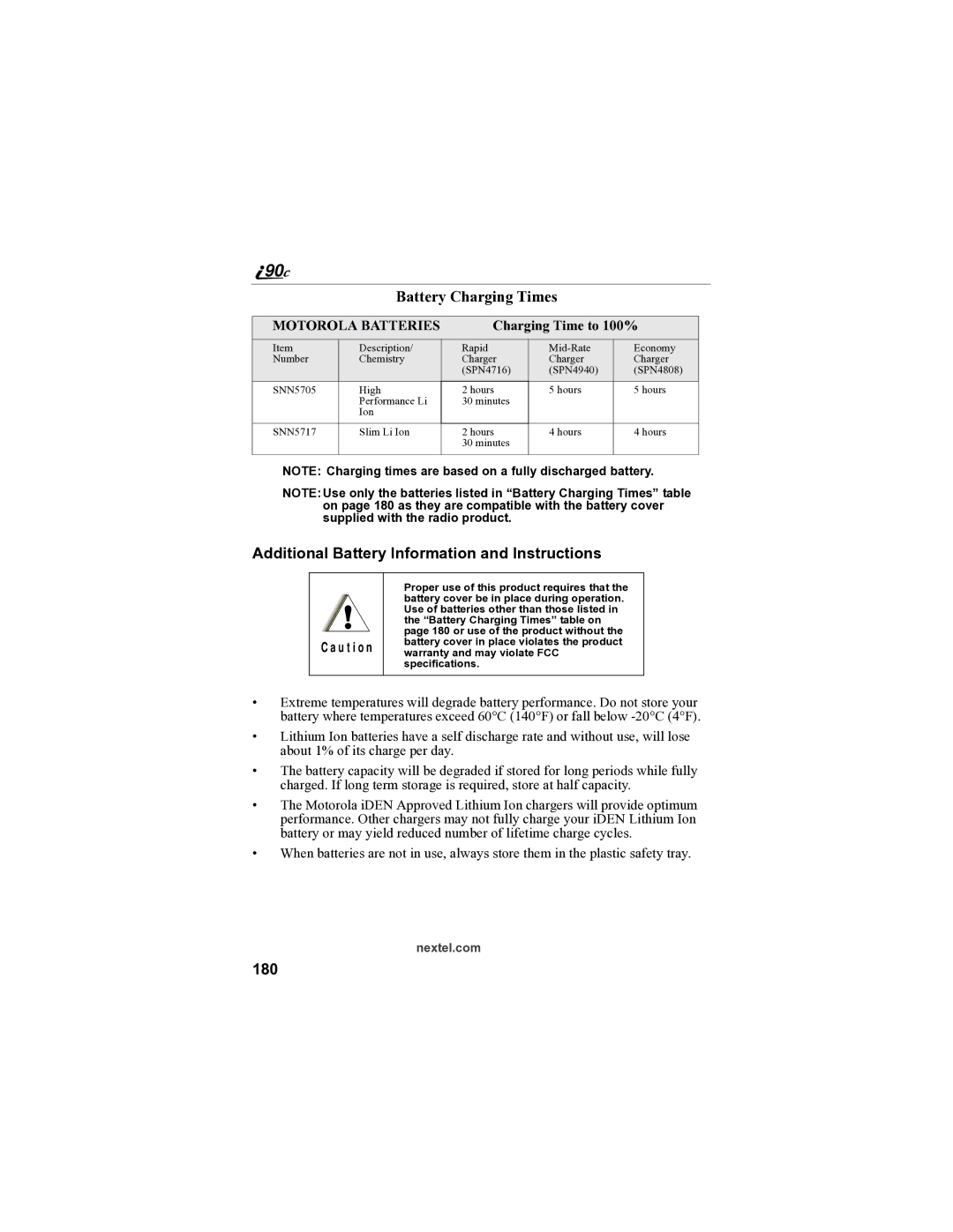 Sprint Nextel i90c manual Additional Battery Information and Instructions, 180, Charging Time to 100% 