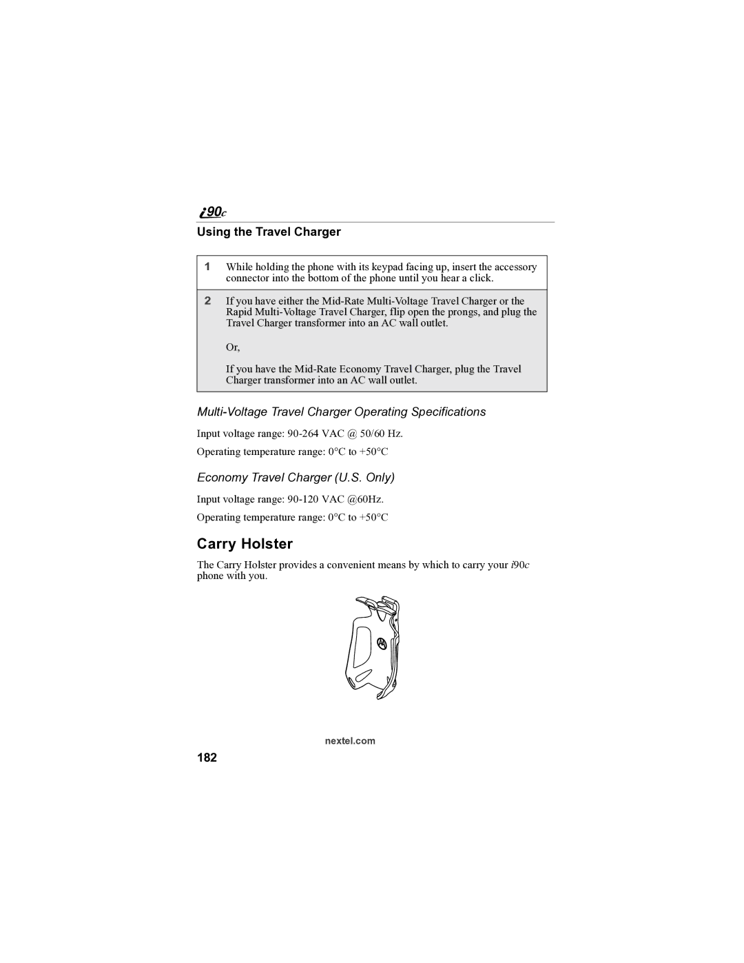 Sprint Nextel i90c Carry Holster, Using the Travel Charger, Multi-Voltage Travel Charger Operating Specifications, 182 