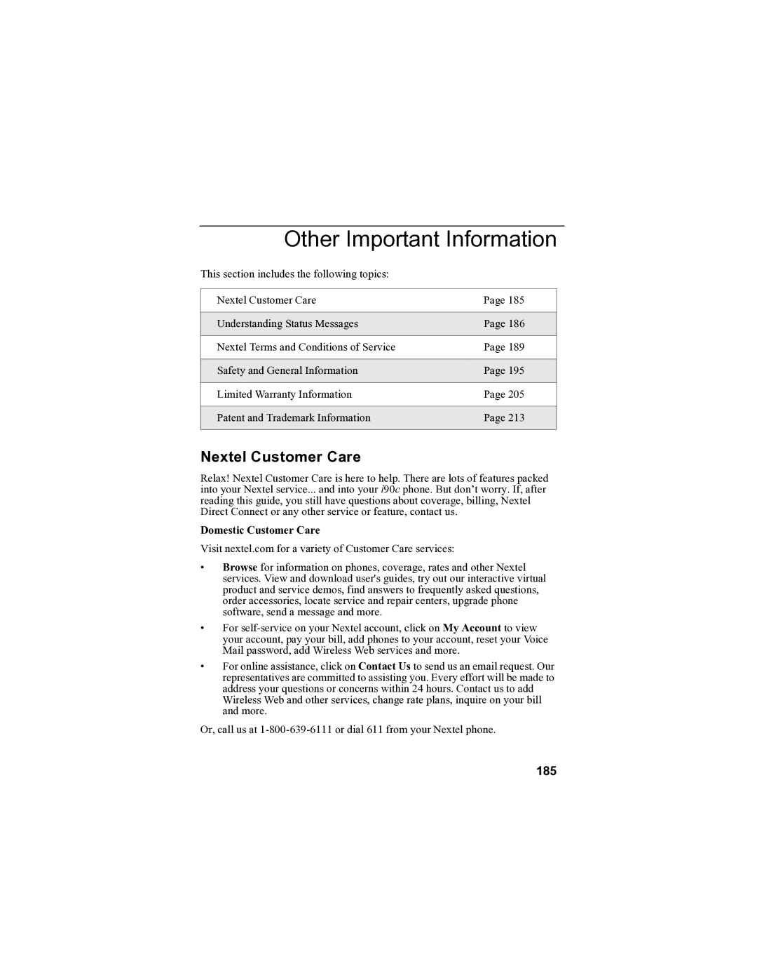 Sprint Nextel i90c manual Other Important Information, Nextel Customer Care, 185, Domestic Customer Care 