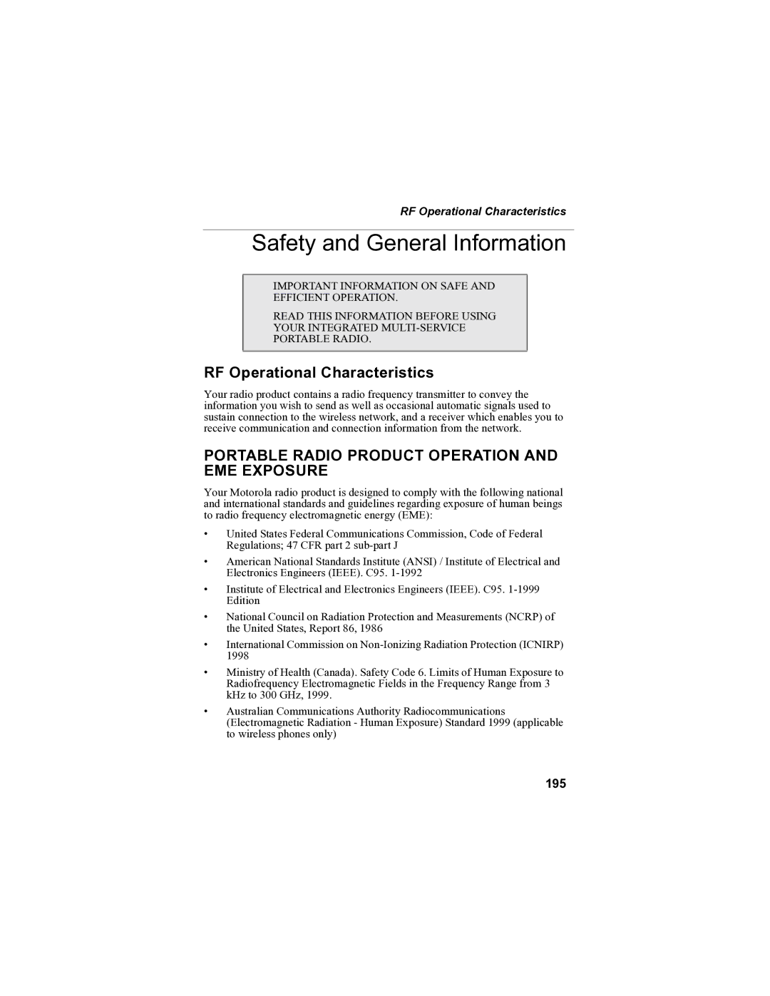 Sprint Nextel i90c manual Safety and General Information, RF Operational Characteristics, 195 