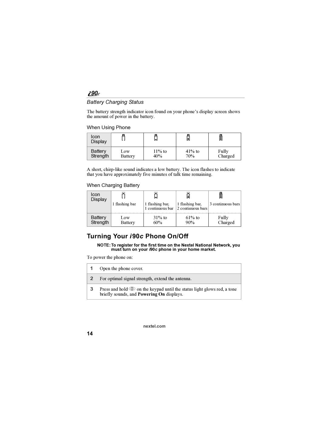 Sprint Nextel i90c manual Turning Your i 90c Phone On/Off, Battery Charging Status 