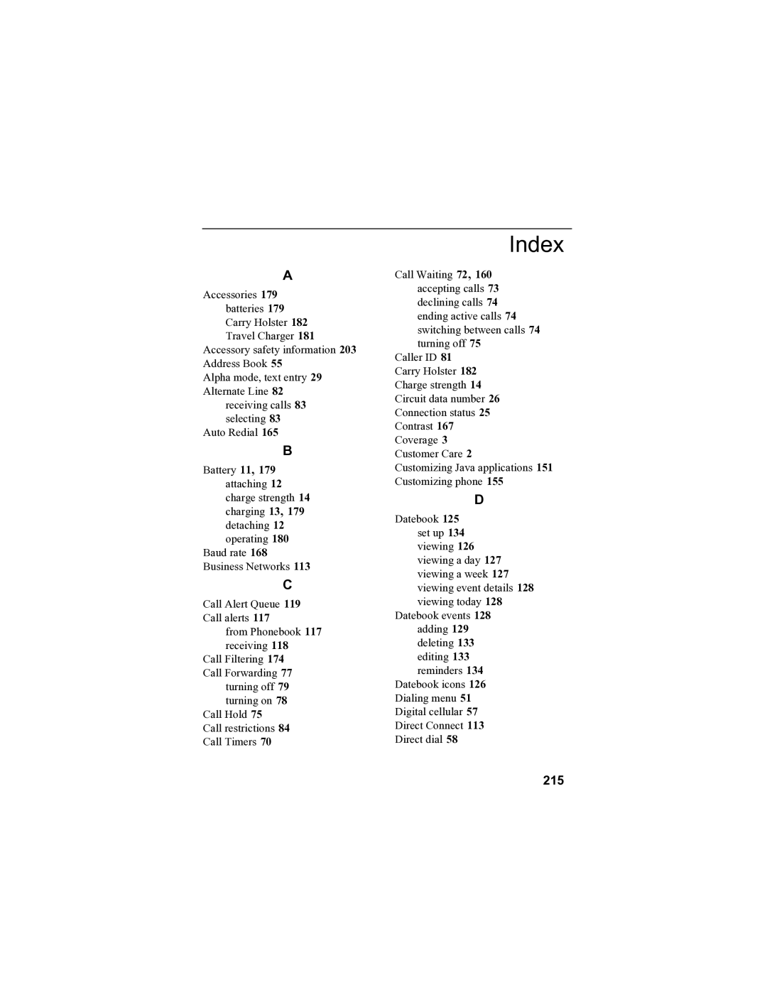 Sprint Nextel i90c manual Index, 215 