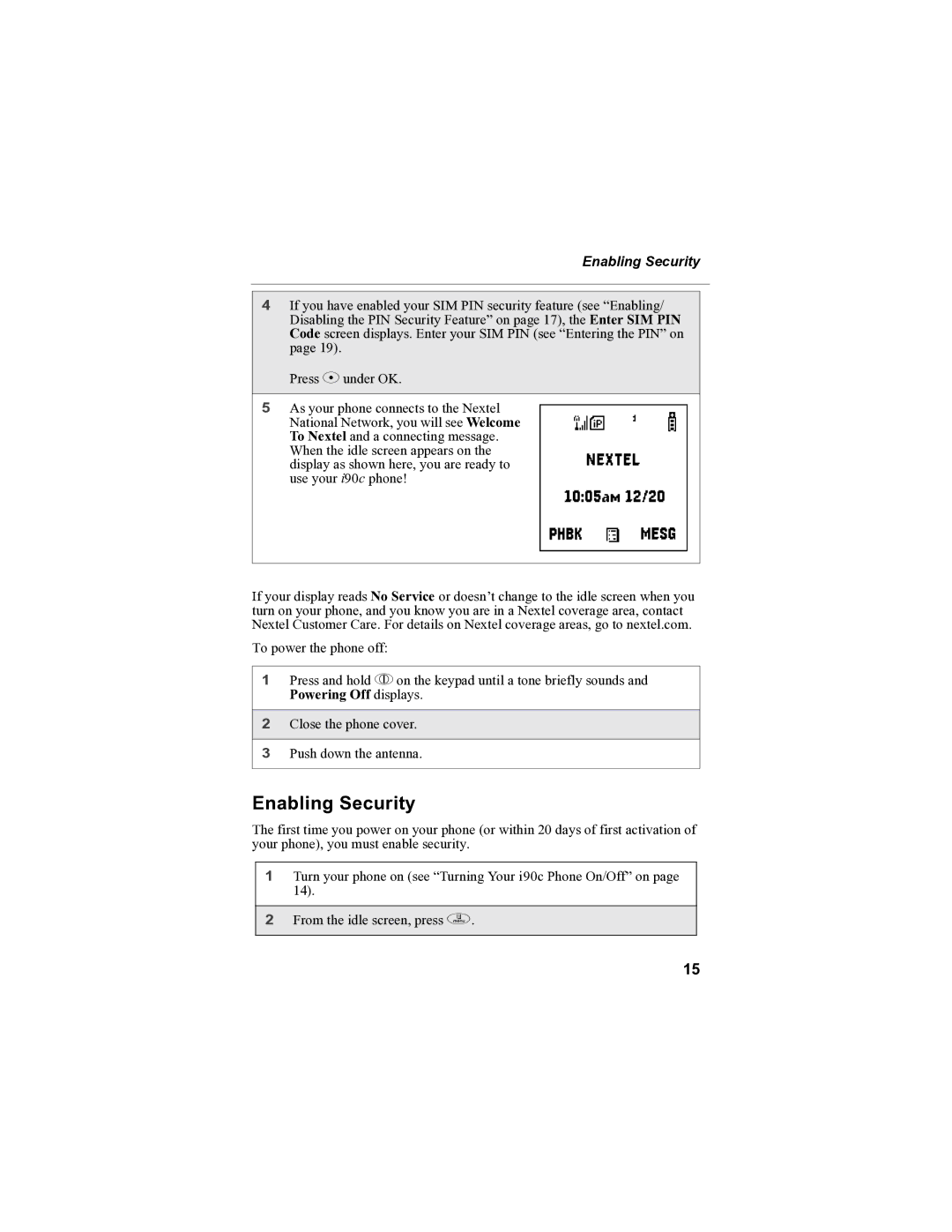 Sprint Nextel i90c manual Enabling Security 