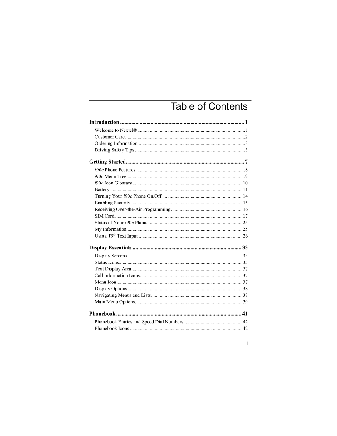 Sprint Nextel i90c manual Table of Contents 