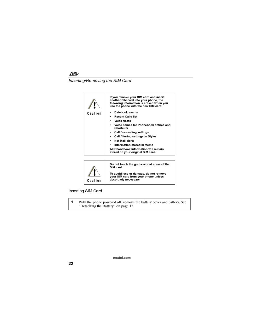 Sprint Nextel i90c manual Inserting/Removing the SIM Card, Inserting SIM Card 