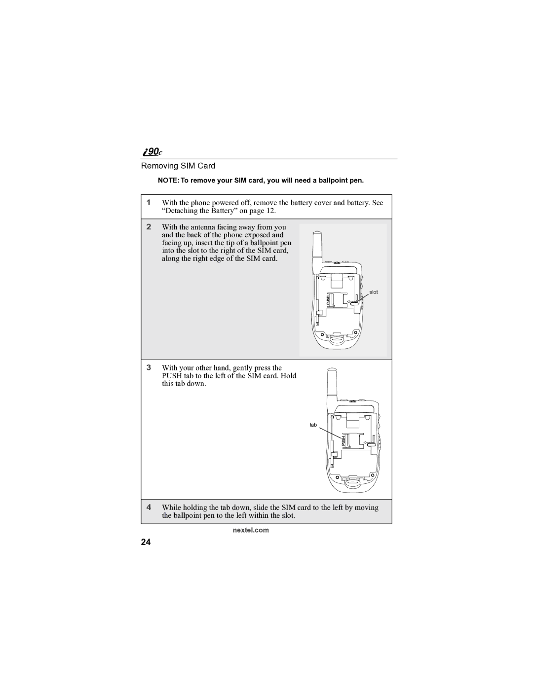 Sprint Nextel i90c manual Removing SIM Card 