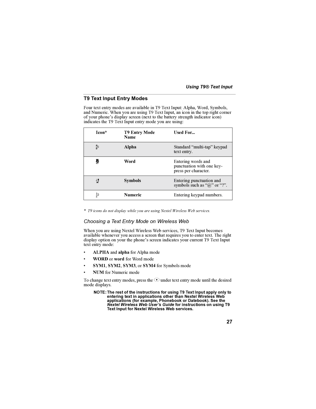 Sprint Nextel i90c manual T9 Text Input Entry Modes, Choosing a Text Entry Mode on Wireless Web, Using T9 Text Input 