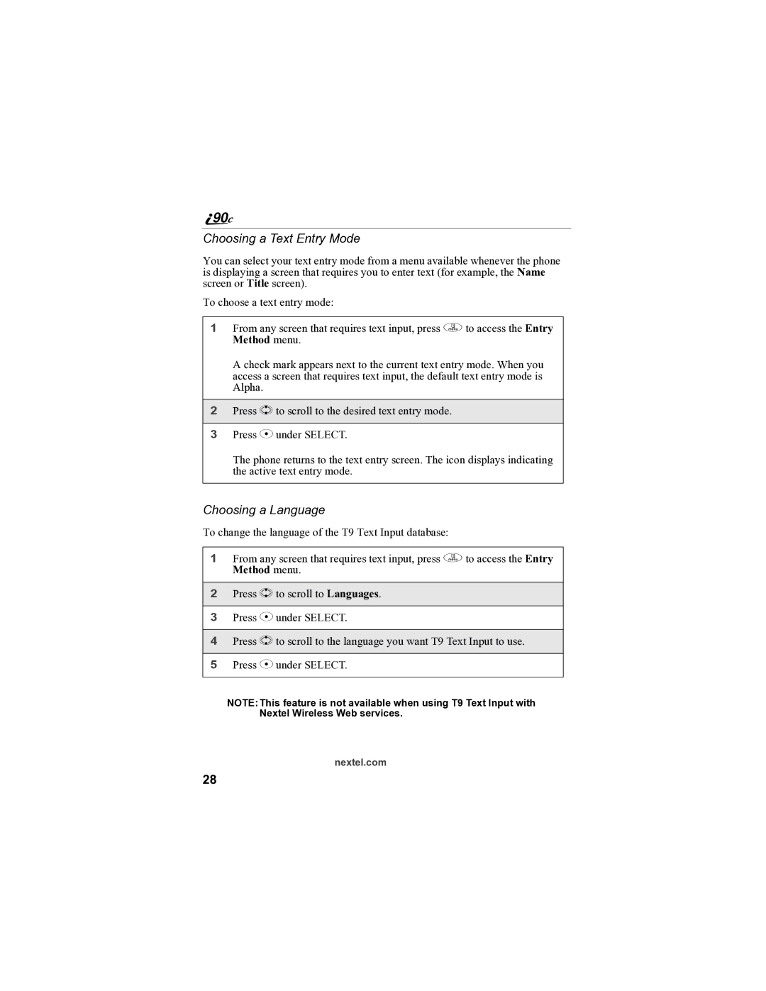 Sprint Nextel i90c manual Choosing a Text Entry Mode, Choosing a Language 