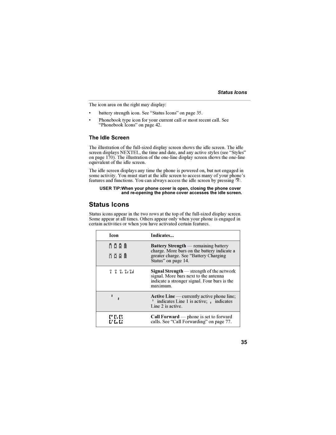 Sprint Nextel i90c manual Status Icons, Idle Screen, Icon Indicates 