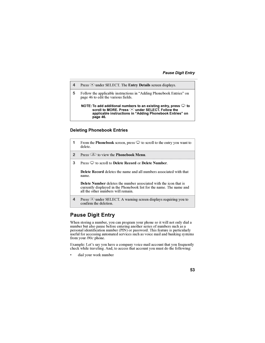 Sprint Nextel i90c Pause Digit Entry, Deleting Phonebook Entries, Press R to scroll to Delete Record or Delete Number 