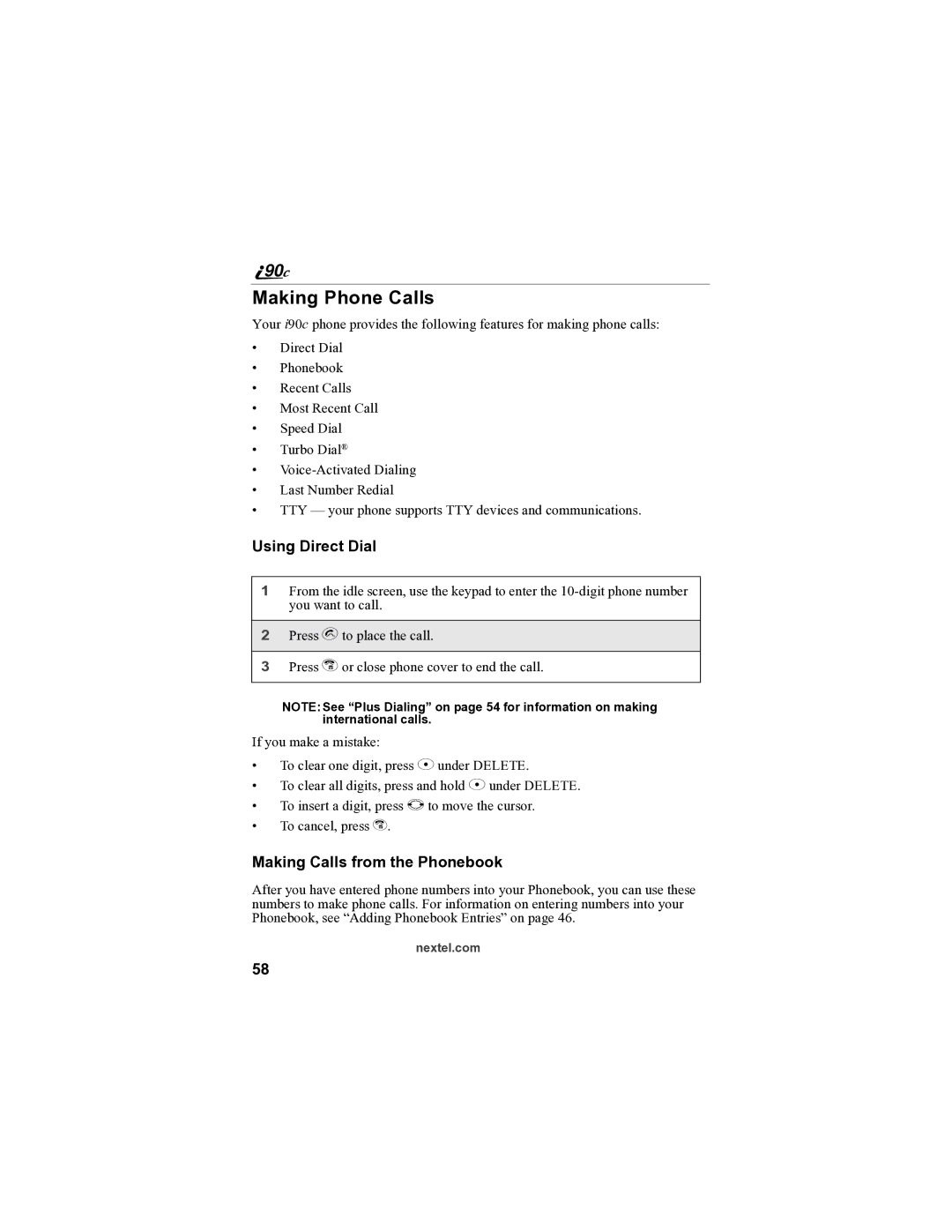 Sprint Nextel i90c manual Making Phone Calls, Using Direct Dial, Making Calls from the Phonebook 