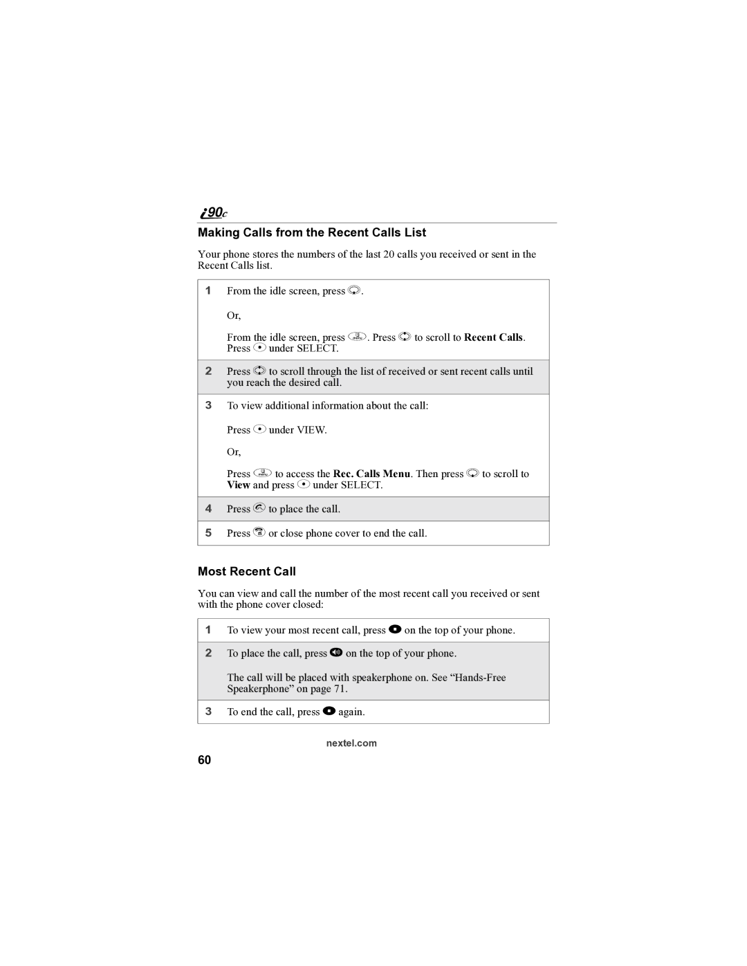 Sprint Nextel i90c manual Making Calls from the Recent Calls List, Most Recent Call 