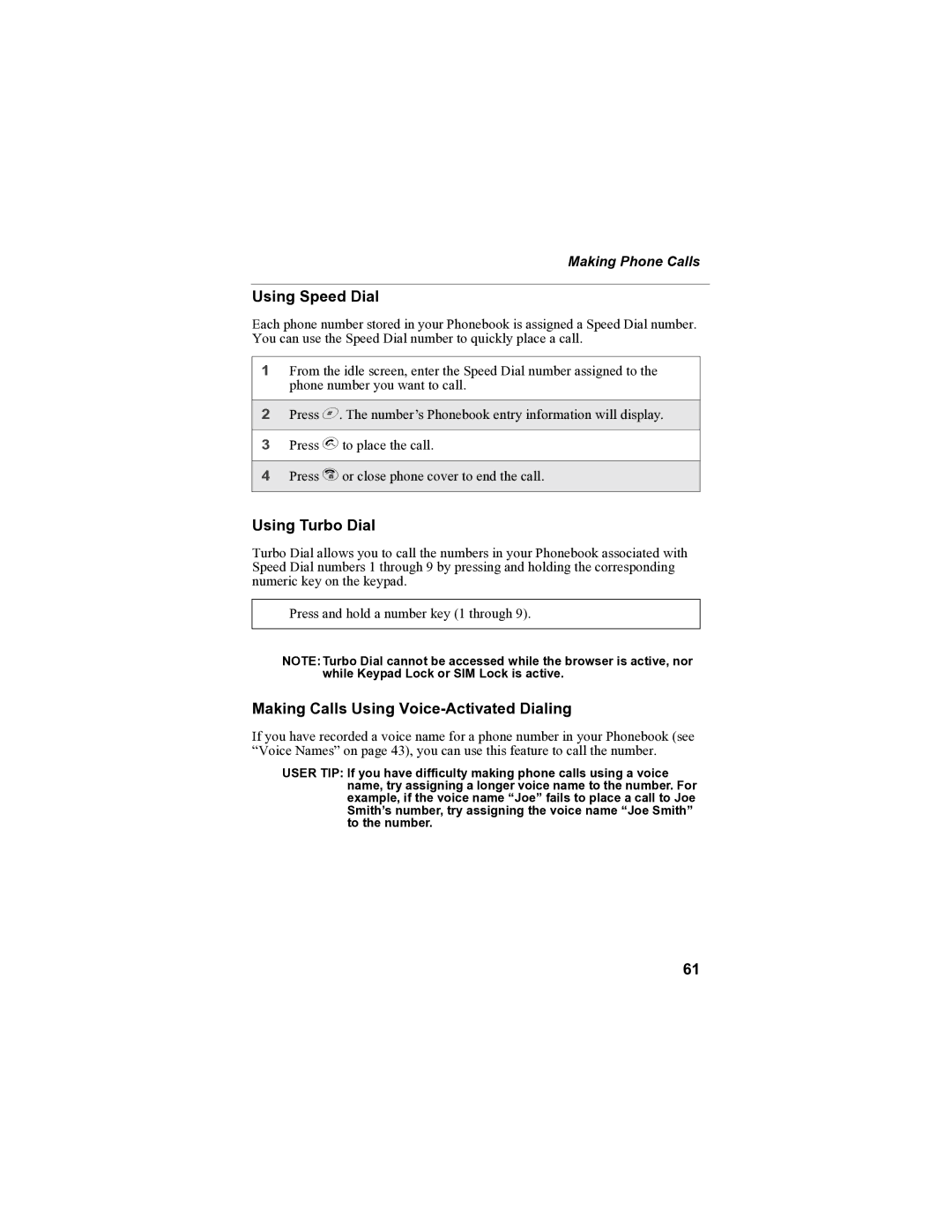 Sprint Nextel i90c manual Using Speed Dial, Using Turbo Dial, Making Calls Using Voice-Activated Dialing 