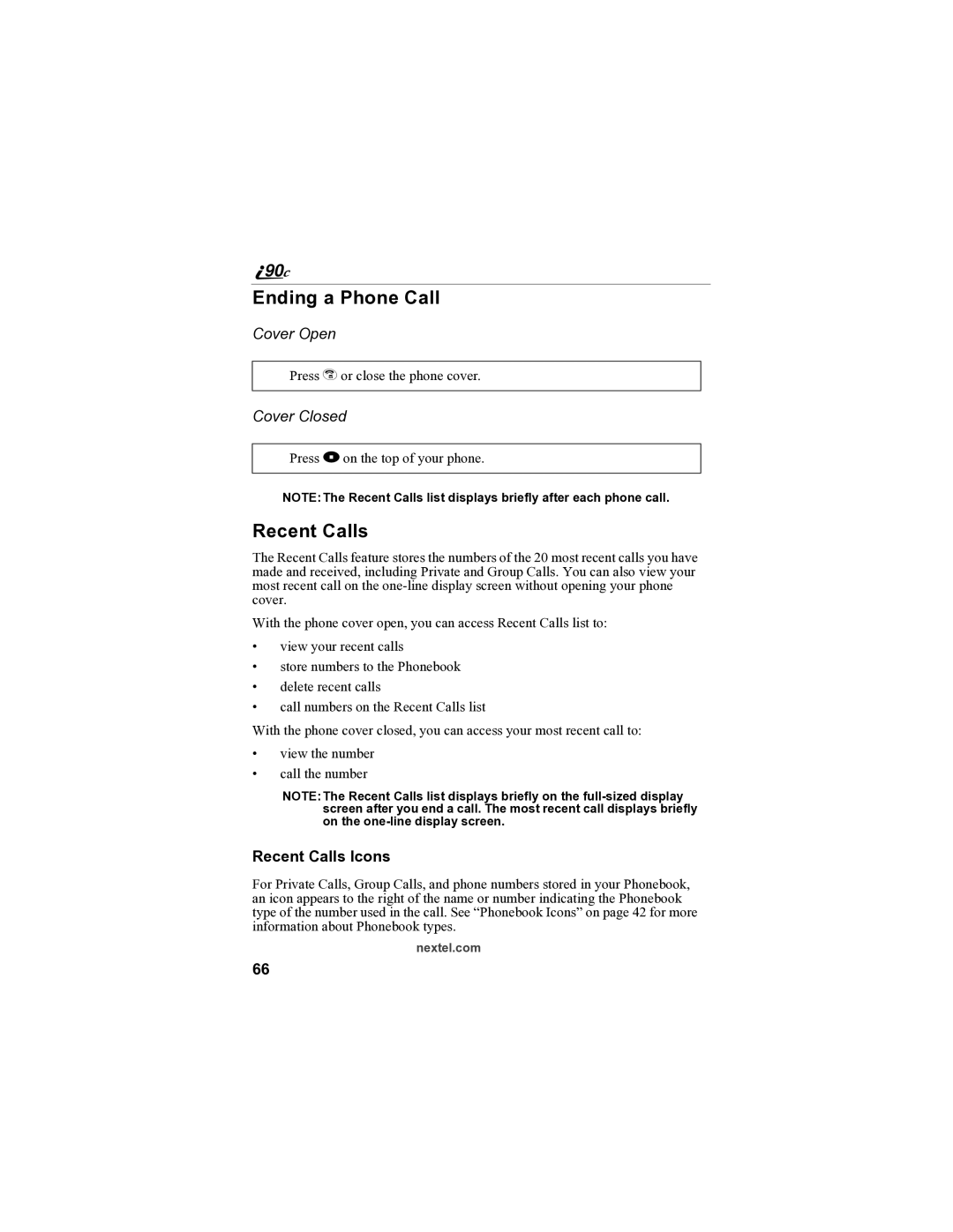 Sprint Nextel i90c manual Ending a Phone Call, Recent Calls Icons 