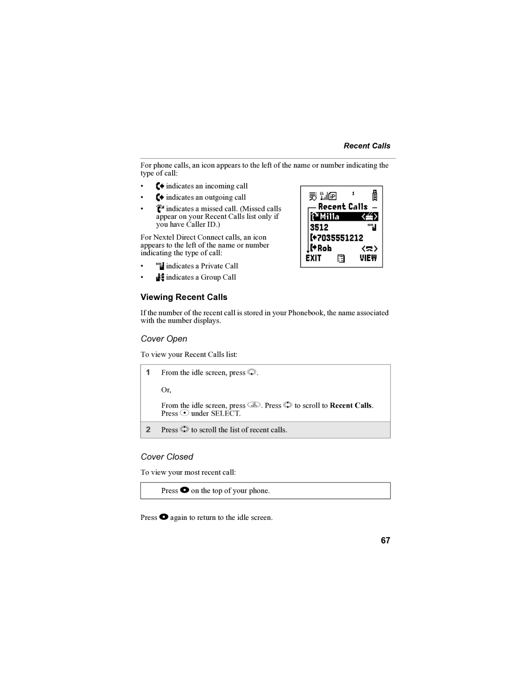 Sprint Nextel i90c manual Viewing Recent Calls 