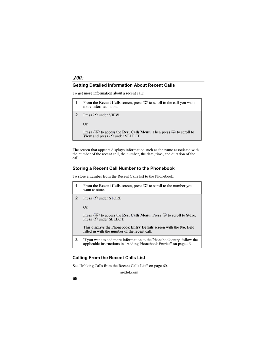 Sprint Nextel i90c manual Getting Detailed Information About Recent Calls, Storing a Recent Call Number to the Phonebook 