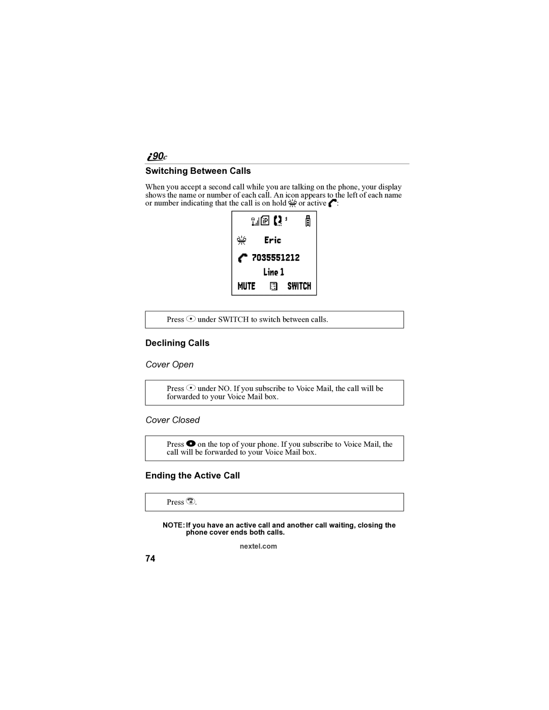 Sprint Nextel i90c manual Switching Between Calls, Declining Calls, Ending the Active Call 