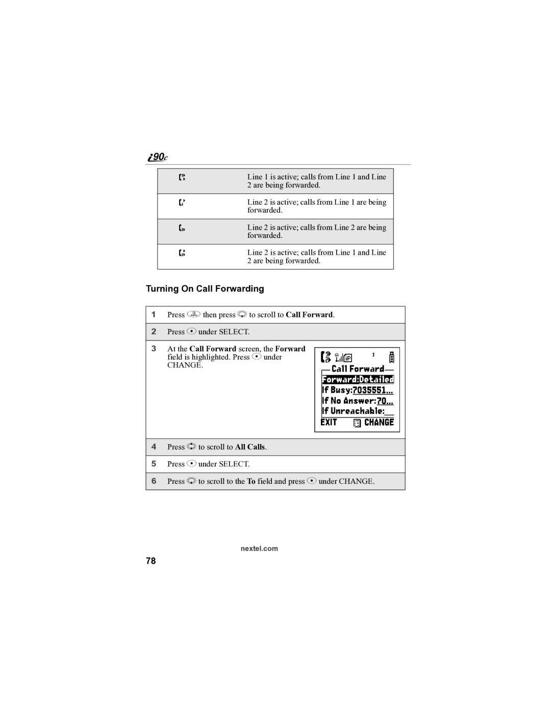 Sprint Nextel i90c manual Turning On Call Forwarding 