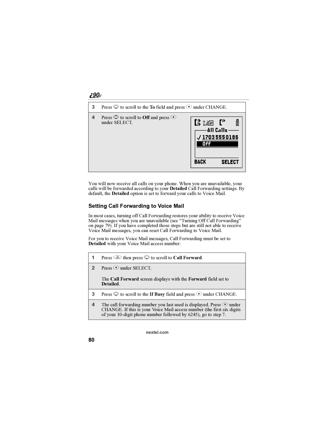 Sprint Nextel i90c manual Setting Call Forwarding to Voice Mail 