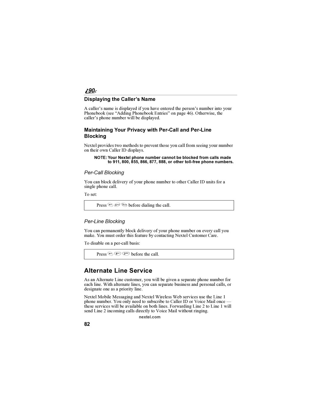 Sprint Nextel i90c manual Alternate Line Service, Displaying the Caller’s Name, Per-Call Blocking, Per-Line Blocking 