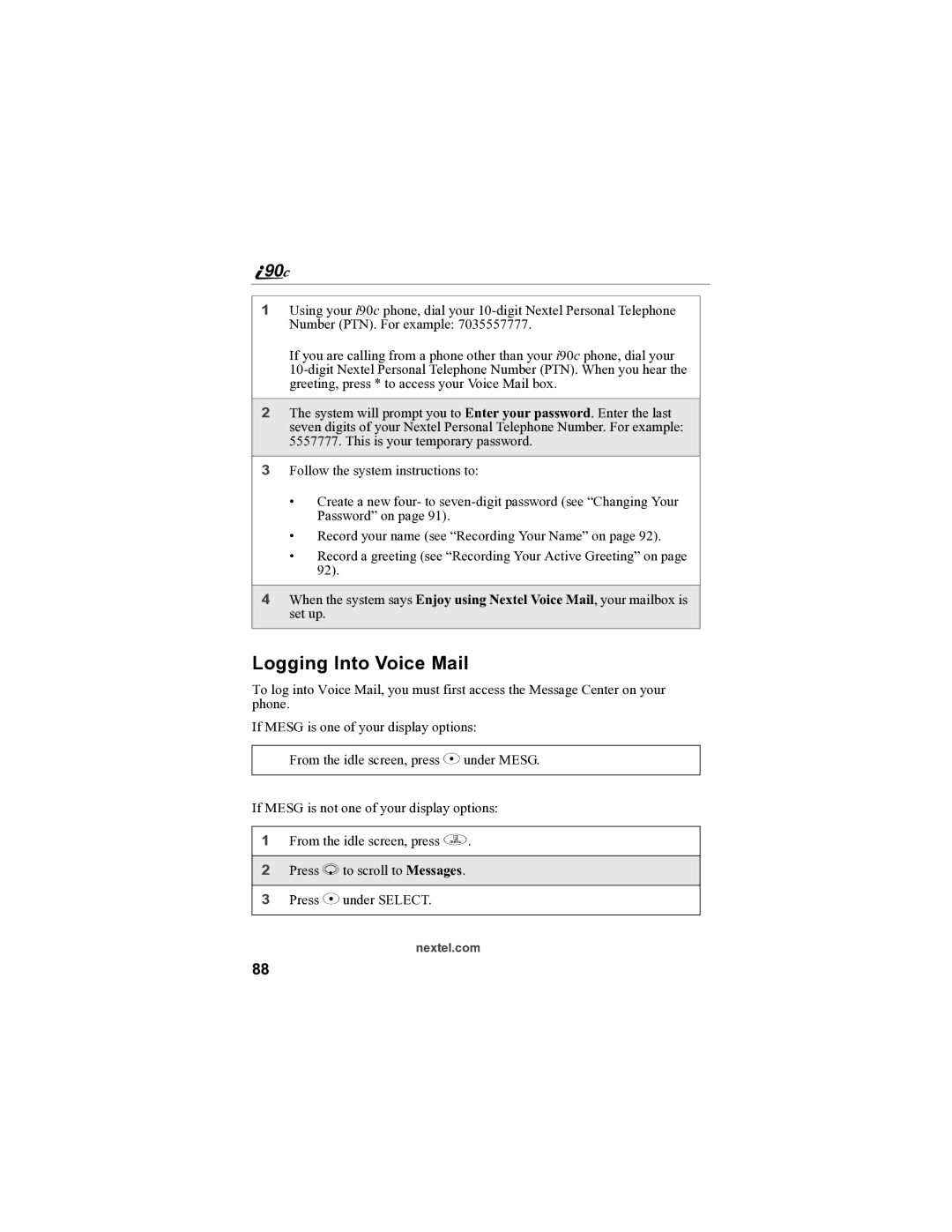 Sprint Nextel i90c manual Logging Into Voice Mail 