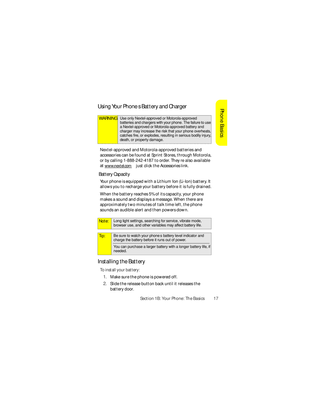 Sprint Nextel ic502 manual Using Your Phone’s Battery and Charger, Installing the Battery, Battery Capacity 