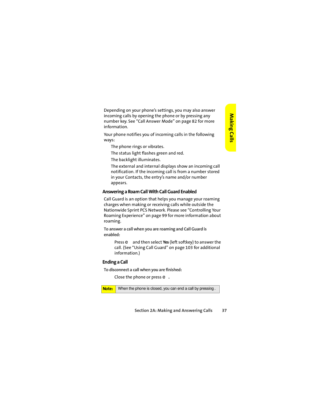 Sprint Nextel ic502 manual Answering a Roam Call With Call Guard Enabled, Ending a Call 