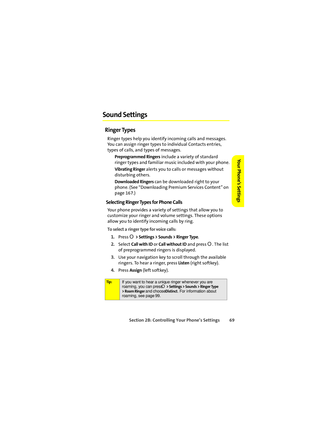 Sprint Nextel ic502 Sound Settings, Selecting Ringer Types for Phone Calls, To select a ringer type for voice calls 