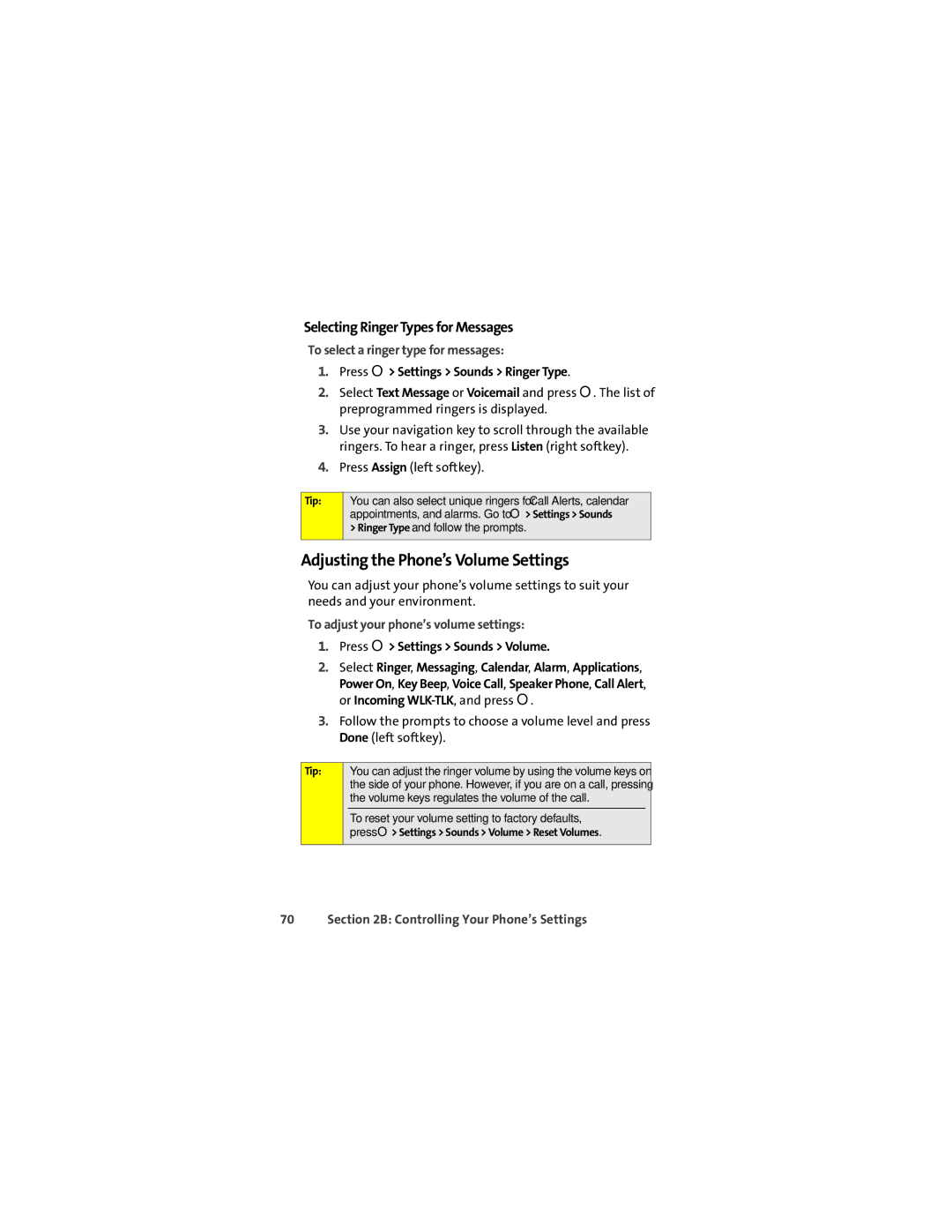 Sprint Nextel ic502 manual Adjusting the Phone’s Volume Settings, Selecting Ringer Types for Messages 