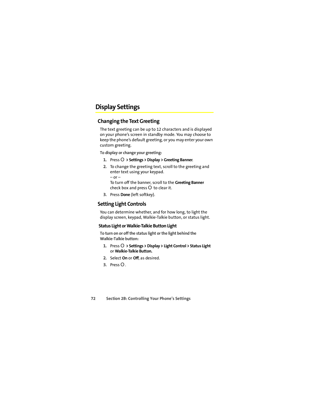 Sprint Nextel ic502 manual Display Settings, Changing the Text Greeting, Setting Light Controls 