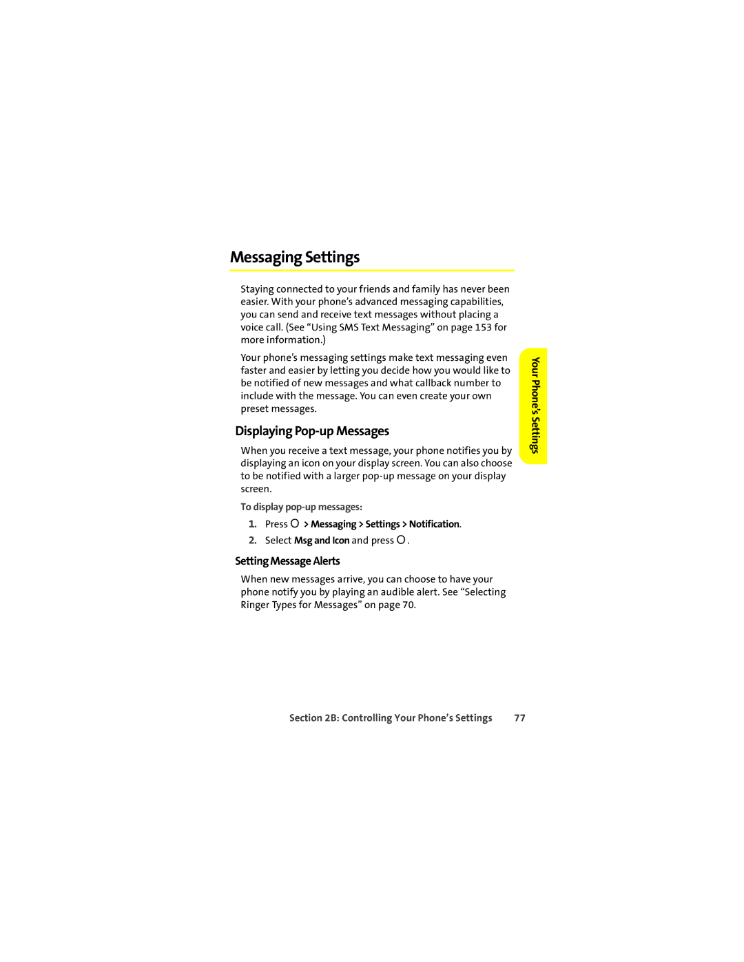 Sprint Nextel ic502 Messaging Settings, Displaying Pop-up Messages, Setting Message Alerts, To display pop-up messages 