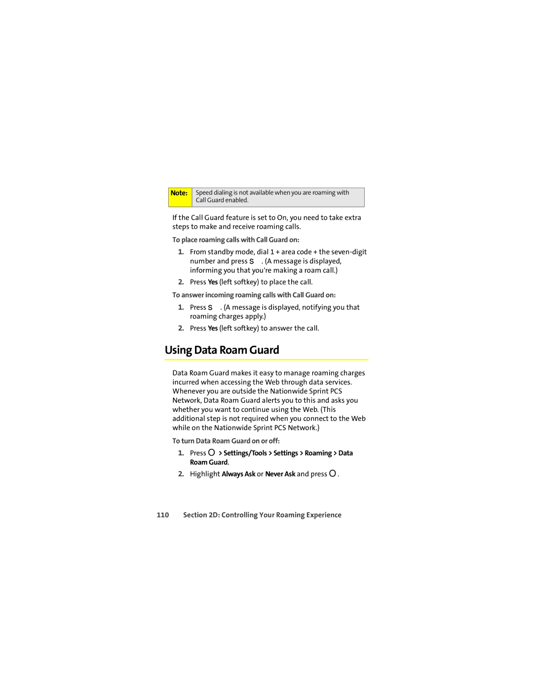 Sprint Nextel ic602 Using Data Roam Guard, To place roaming calls with Call Guard on, To turn Data Roam Guard on or off 