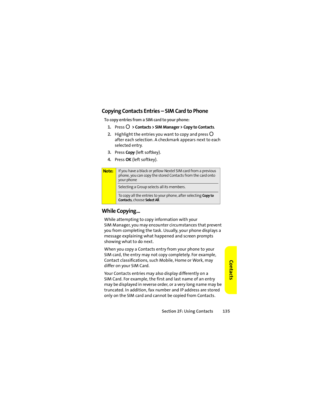 Sprint Nextel ic602 manual While Copying, To copy entries from a SIM card to your phone, 135 