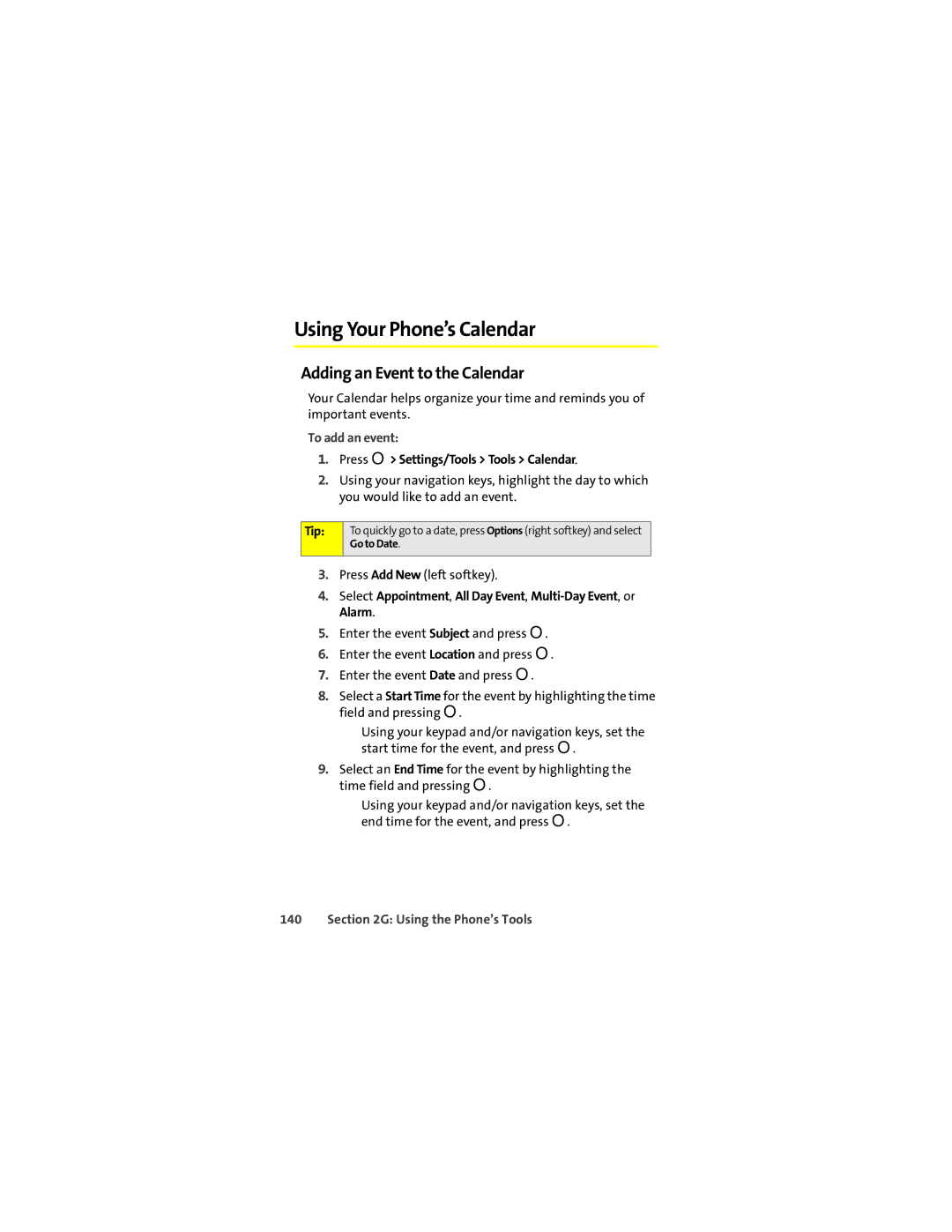 Sprint Nextel ic602 Using Your Phone’s Calendar, Adding an Event to the Calendar, To add an event, Using the Phone’s Tools 