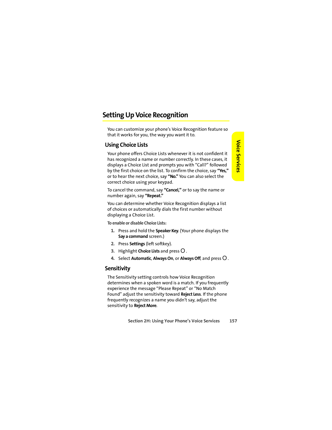 Sprint Nextel ic602 Setting Up Voice Recognition, Using Choice Lists, Sensitivity, To enable or disable Choice Lists, 157 