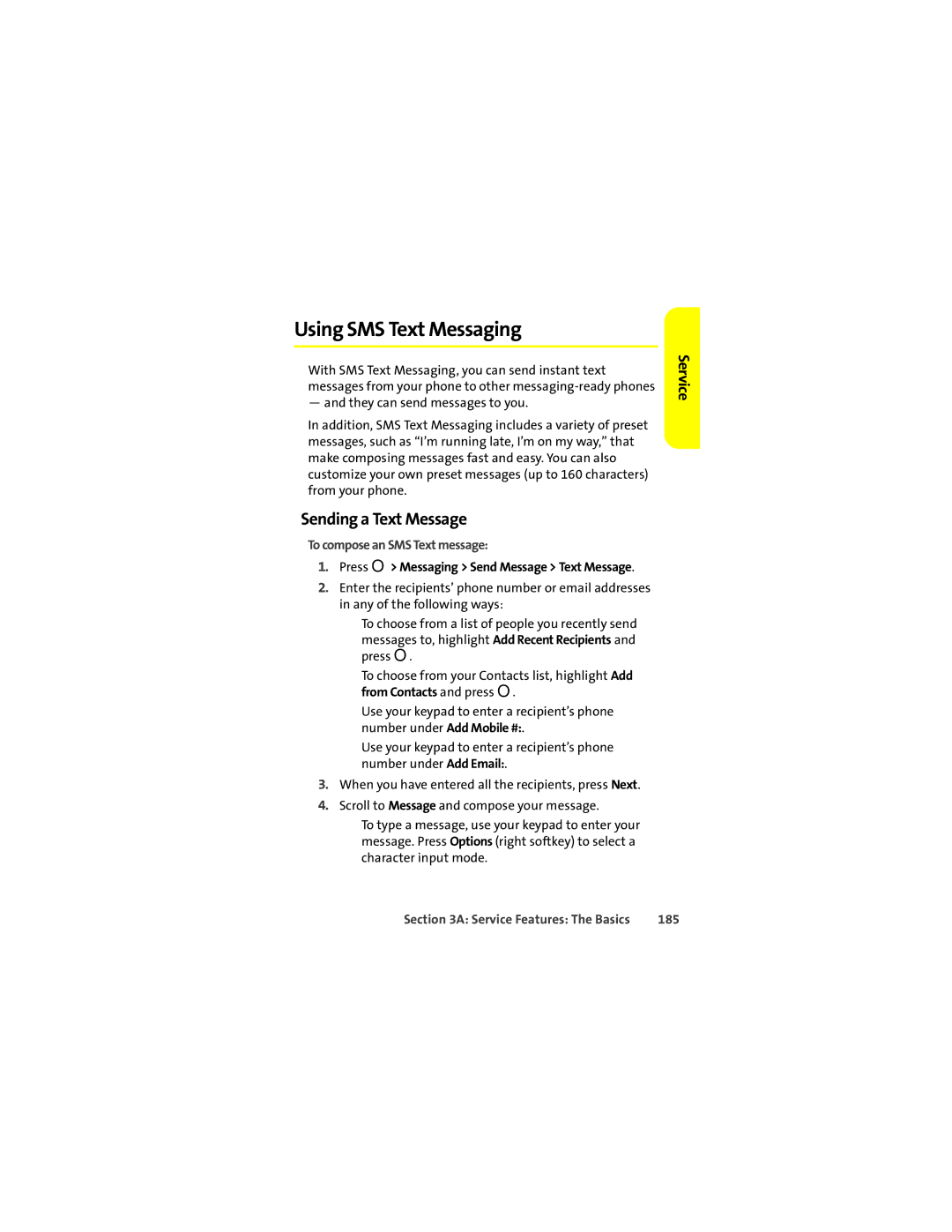 Sprint Nextel ic602 manual Using SMS Text Messaging, Sending a Text Message, To compose an SMS Text message, 185 