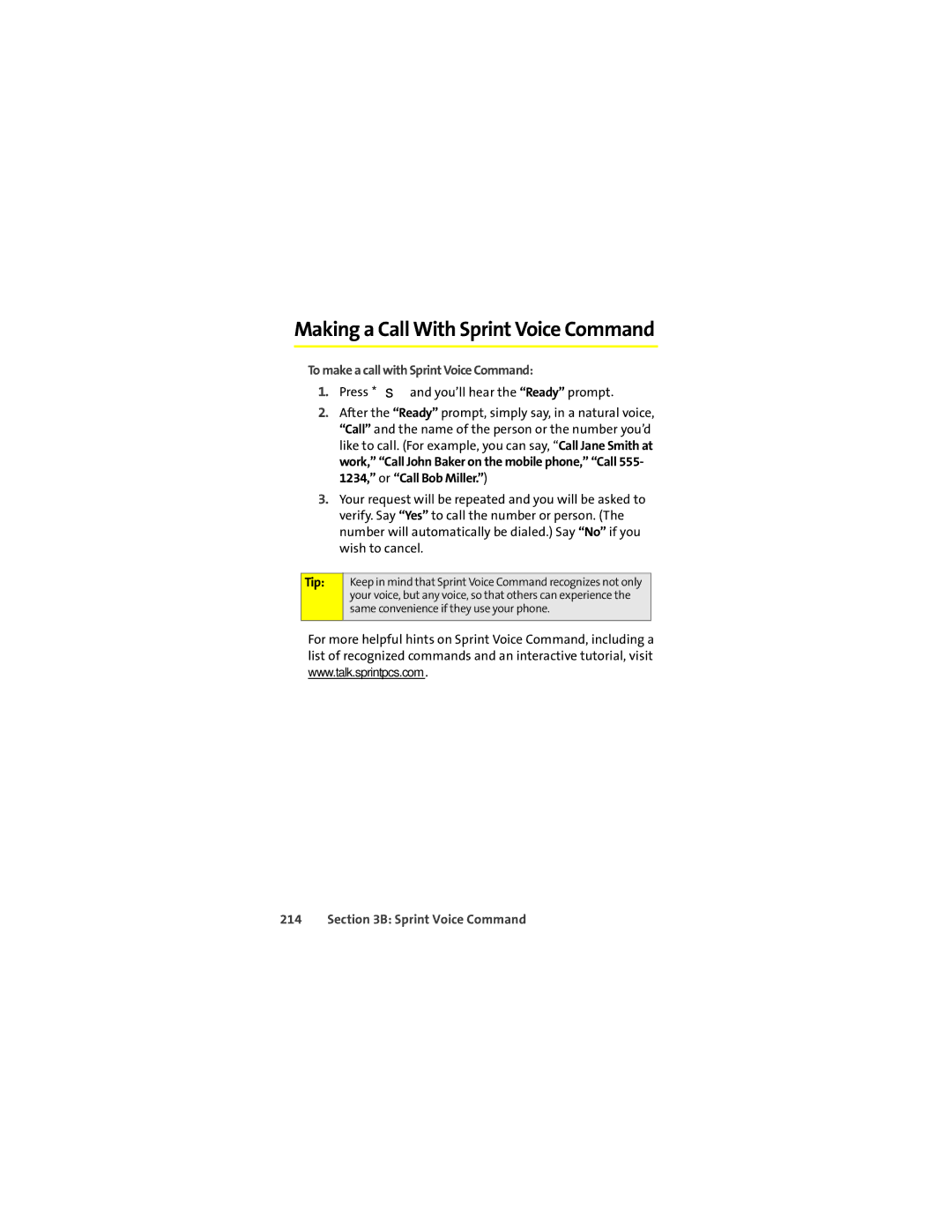 Sprint Nextel ic602 manual Making a Call With Sprint Voice Command, To make a call with Sprint Voice Command 