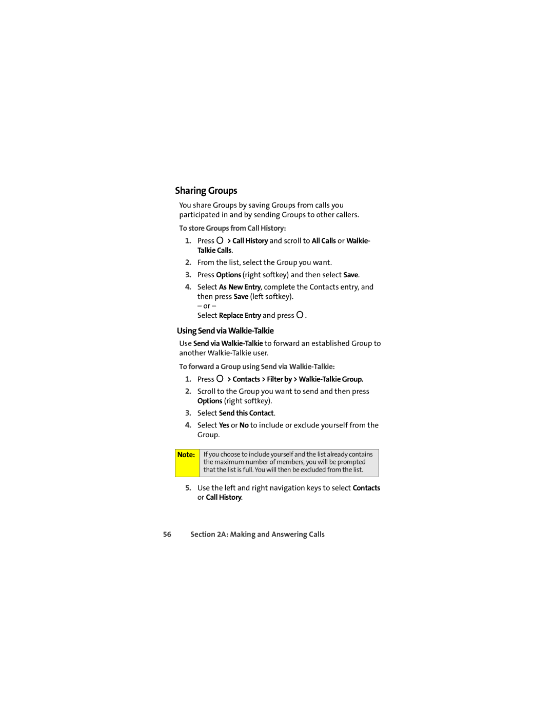 Sprint Nextel ic602 Sharing Groups, To store Groups from Call History, To forward a Group using Send via Walkie-Talkie 