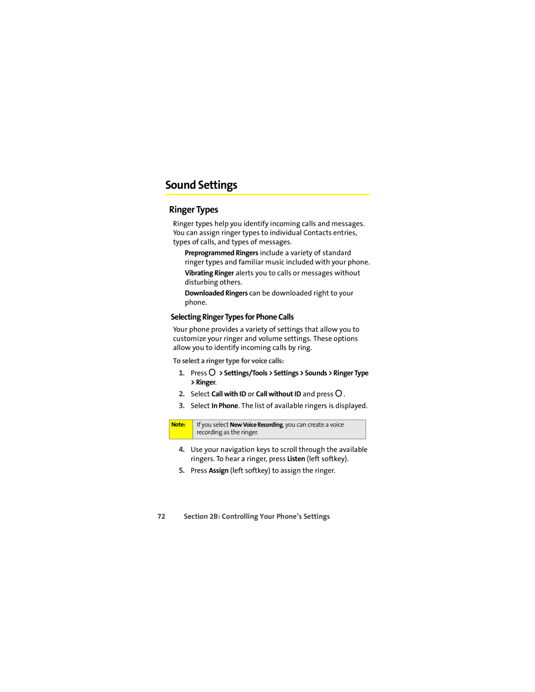 Sprint Nextel ic602 Sound Settings, Selecting Ringer Types for Phone Calls, To select a ringer type for voice calls 