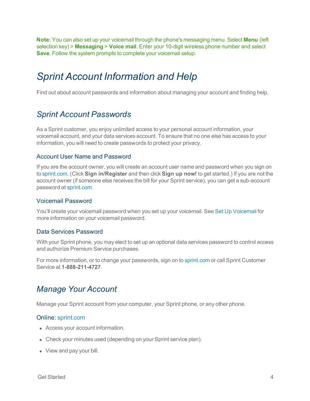 Sprint Nextel IS manual Sprint Account Information and Help, Sprint Account Passwords, Manage Your Account 
