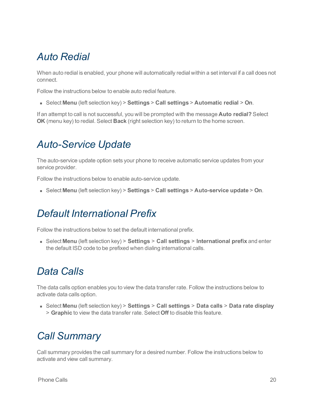 Sprint Nextel IS manual Auto Redial, Auto-Service Update, Default International Prefix, Data Calls, Call Summary 